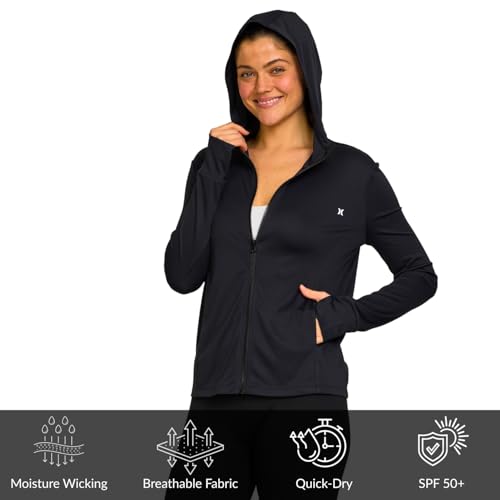 Women's Sun Hoodie Jacket - SPF 50+ Protection, Zip-Front, Medium/Black