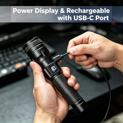 Gotellx 1 Pack Rechargeable LED Flashlight with Digital Power Display, USB-C