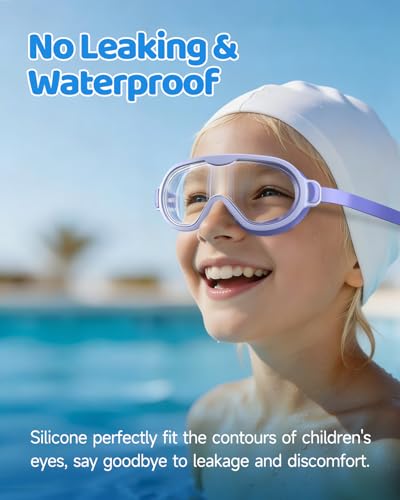 Swim Goggles for Kids 6-14 - Anti-Fog Anti-UV Wide View - 2 Pack - Black Green & White Purple