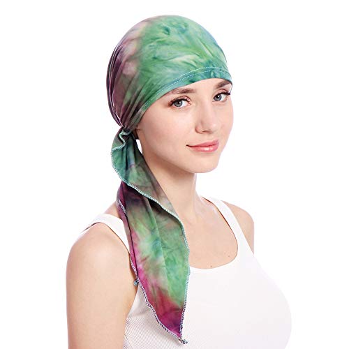 Qovelly Pre Tied Chemo Head Scarf Set - 3 Pack Long Style Beanies for Women, Dye Tie Variation L14