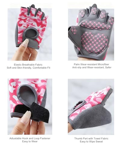 Kids Half Finger Cycling Gloves - Non-Slip Padded, Pink Camo, M (5-8 Years)