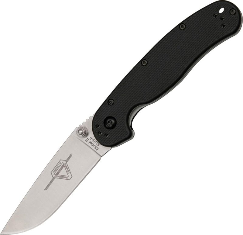 Ontario Knife Company Rat II, Satin AUS-8 Stainless Steel Drop-Point Blade Folding Pocket Knife, Black Nylon Handle Liner Lock Knife, Everyday Carry Knife – ON8860