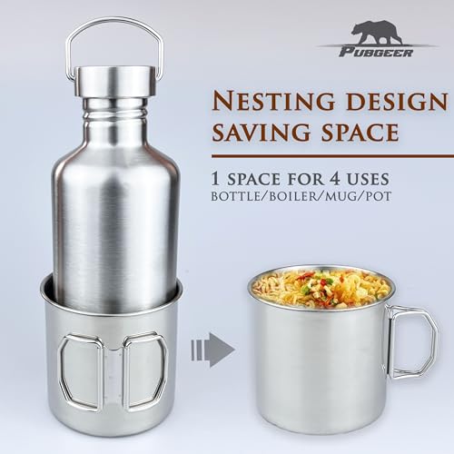 Pubgeer 42oz Stainless Steel Water Bottle with 24oz Nesting Cup & Carrier Bag, Camping & Survival Gear