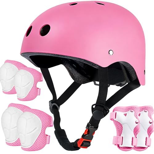 Pink Kids Bike Helmet Set for Ages 3-8 with Knee Elbow Wrist Pads, Small 19.69-21.26"
