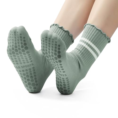 Pilates Crew Socks with Grips for Women - Light Blue, Mint Green & Pink
