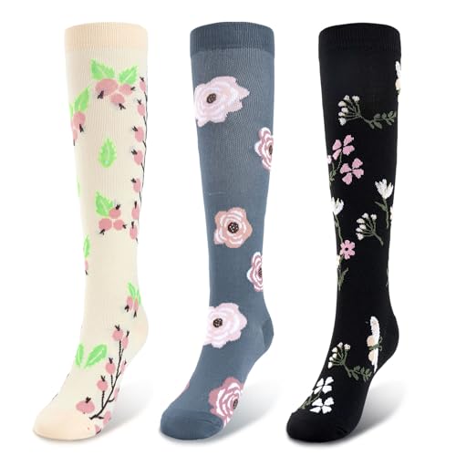 Knee High Compression Socks - 3 Pairs for Men & Women - Flower3