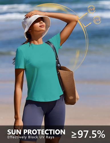 PINSPARK Women's Short Sleeve Workout T-Shirt - Basic Crewneck Top, Large Teal