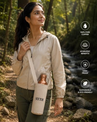 SYTH Hammered Copper Water Bottle 34 OZ with Canvas Bag - Handcrafted Ayurvedic Leakproof Drinkware