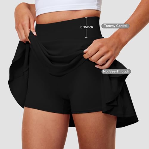 Hiwzffy Pleated High-Wwaisted Tennis Skirt with Shorts — Black, Small