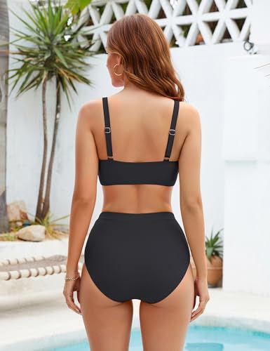 Women High Waisted Bikini Set Tummy Control Swimsuit - Medium Black