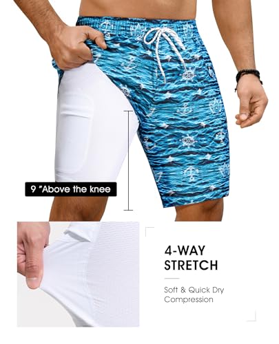9 Inch Men's Swim Trunks with Compression Liner - Water Ripples