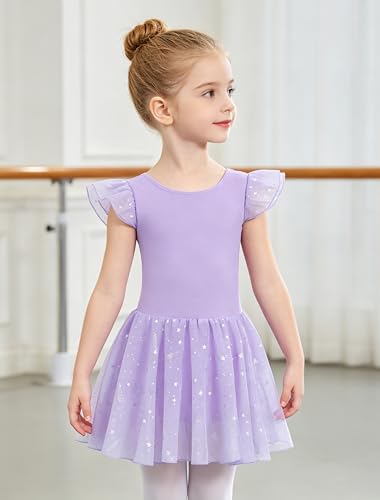 MdnMd 4-6 Years Purple Toddler Ballet Leotard Dress with Criss-Cross Back, Star Skirt