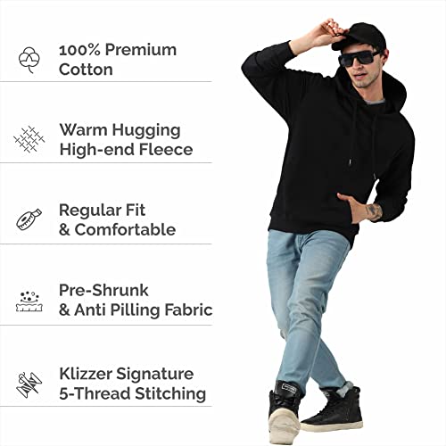X-Large Black Cotton Hoodie for Men - Heavyweight Fleece Pullover Sweatshirt