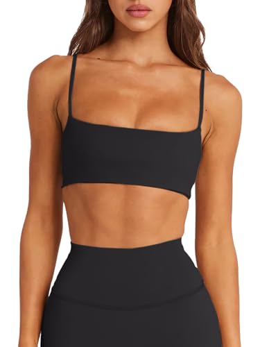 LASLULU Women's Black Small Spaghetti Strap Sports Bra Square Neck Crop Top