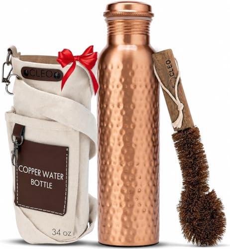 Pure Copper Water Bottle 34oz with Carry Bag & Brush - Eco-Friendly & Leak-Proof