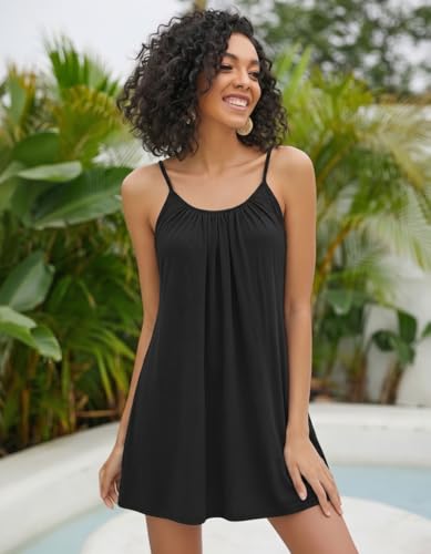 Ekouaer Women's Black Medium Swimsuit Cover Up with Spaghetti Straps and Pleated Neck