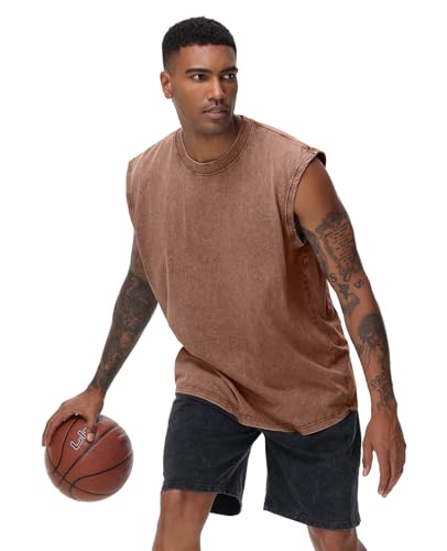Men's Sleeveless Workout Tank Top - Acid Wash Loose Fit Tee