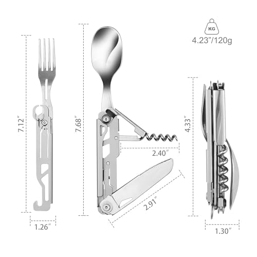 POXIMO 6-in-1 Portable Camping Utensils Set Stainless Steel Flatware Multi-tool