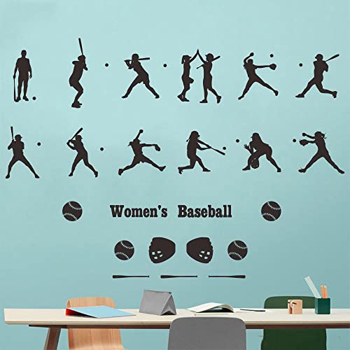 Women's Baseball Wall Sticker-12 Action Silhouettes of Female Players-Softball Pitcher and Batter Decals-Removable PVC Wall Art for Baseball Lovers for Sports Enthusiasts-31 x44 Inch(JWH199-black)