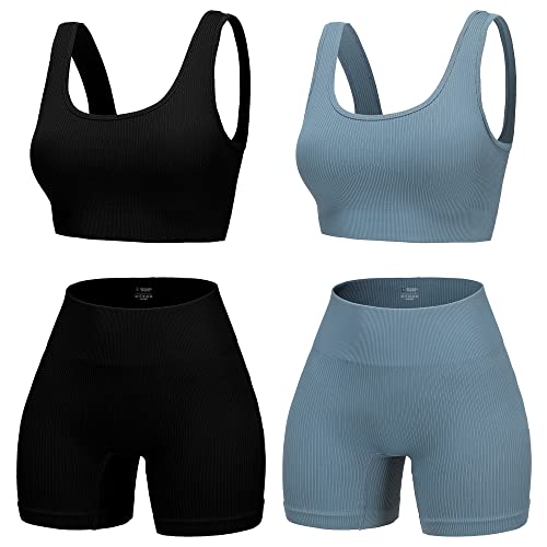 YWBIN 4-Piece Seamless Ribbed High Waist Yoga Set with Sports Bra – Black/Light Blue, XL