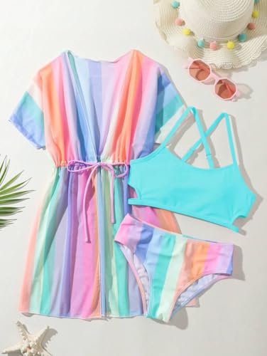 Girls 3-Piece Striped Multicolored Bikini Set with Cover Up - Ages 6-14