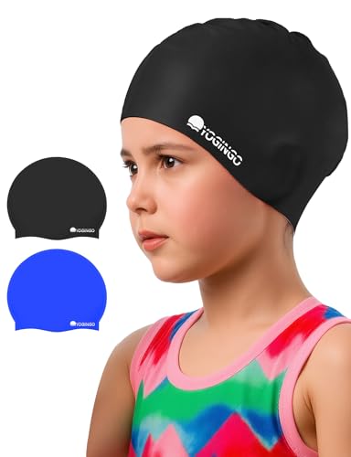 Kids Swim Cap Set - Silicone Swim Caps for Long & Short Hair - Black & Blue