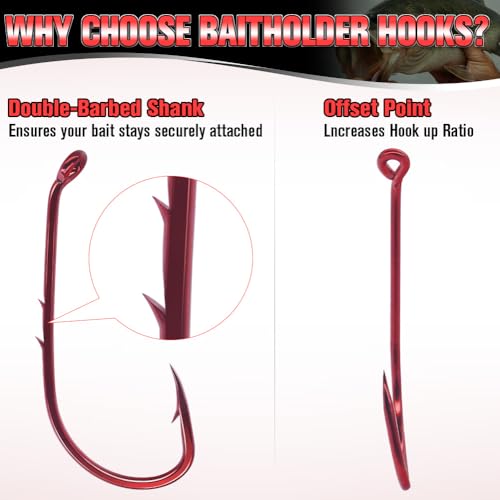 Baitholder Fishing Hooks - Double-Barbed Long Shank, 100 Pack, Red, Size 8