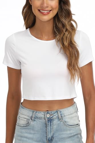 Women's White Crew Neck Stretchy Crop Top - Medium