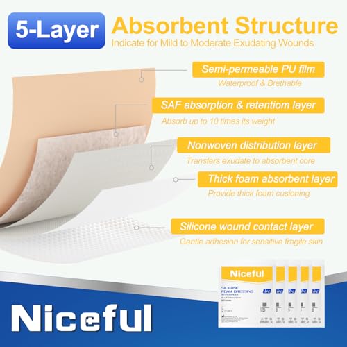 Waterproof Silicone Foam Dressings 4"x4" with Adhesive Border - 5 Pack
