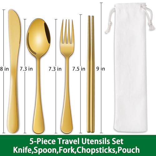 Gold Travel Utensils Set - 5-Piece Camping Cutlery with Pouch