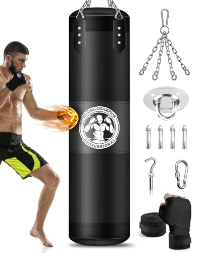 YORWHIN 4ft Unfilled Punching Bag with Chain Ceiling Hook, Hand Wraps & Accessories