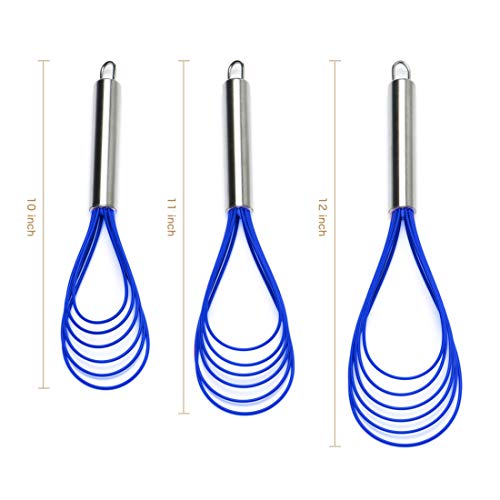 Jell-Cell Blue Flat Whisk Set, 3-Pack Stainless Steel with 6-Wire Silicone Heads 10'' 11'' 12''