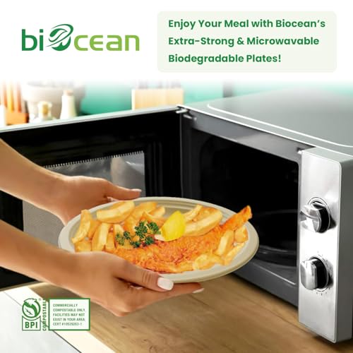 Biocean 12.5 Inch Compostable Oval Plates 125-Pack Natural Sugarcane Bagasse Eco-Friendly