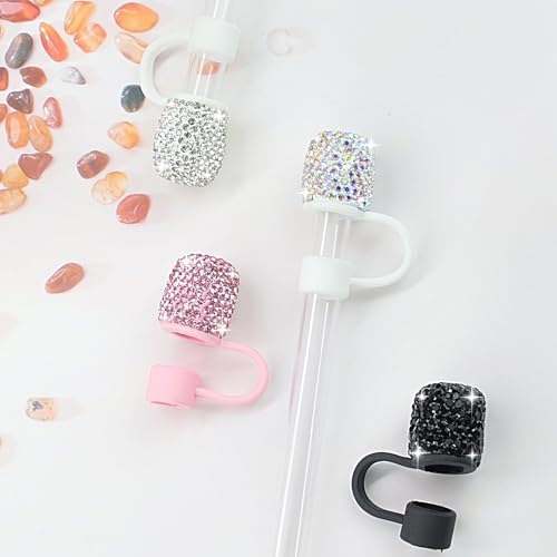 Bling Rhinestones Straw Cover Set - 4 Pack for Stanley Tumblers - Pink, Black, Silver, Colorful