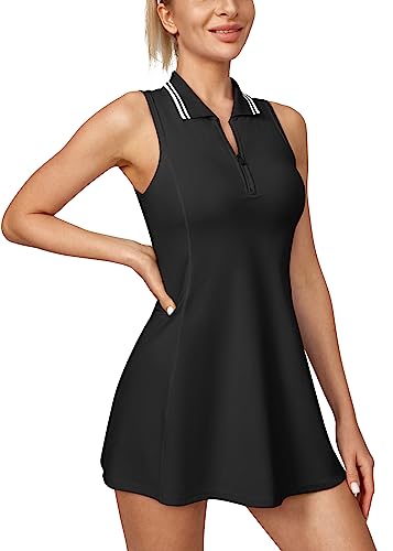 Heathyoga Women's Athletic Golf & Tennis Dress with Shorts & Pockets - Black, Small