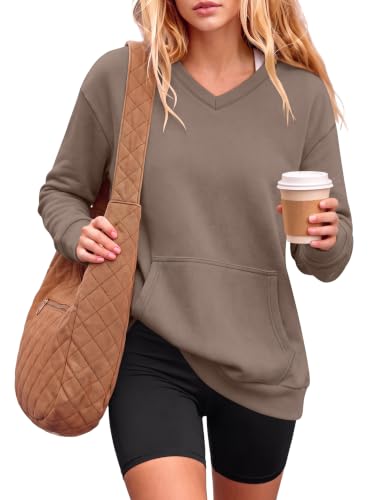 V-Neck Fleece Sweatshirt with Pockets - Large, Light Brown