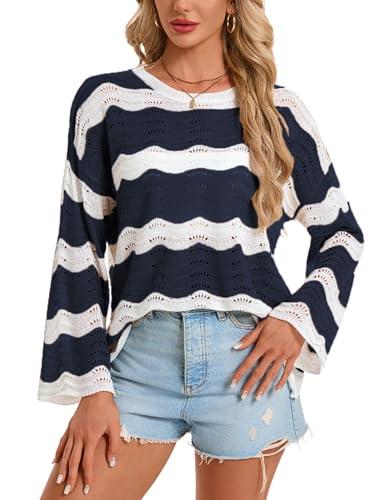 Women's Long Bell Sleeve Crochet Cover Up - Loose Mesh Striped Top