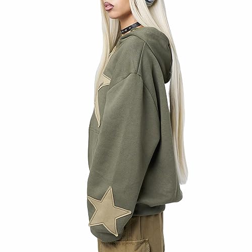 Karwuiio Women's Y2K Zip Up Hoodie Gray Green Large Star Graphic Oversized Sweatshirt