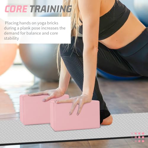 Yoga Blocks 2 Pack - Foam, Non-Slip with Stretch Band - Pink