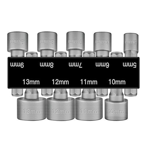 BOEN 9-Piece Power Nuts Driver Set, Metric Hex Shank (5-13mm), Impact Driver Bit Set, 1/4" Quick Change, Chrome Vanadium Steel