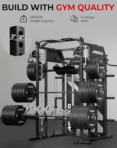 Smith Machine Power Cage Home Gym System with LAT Pulldown & Cable Crossover - Black / HORUS Set (With Bench & 230lb Plates)