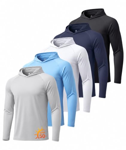 ZITY Men's UPF 50+ Sun Protection Hoodie Long Sleeve Fishing Shirt - Large Navy/Light Blue/White/Gray/Black 5 Pack