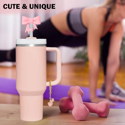 Pink Bow Straw Cover with Initial Letter Charms - 3pcs for Stanley 10mm
