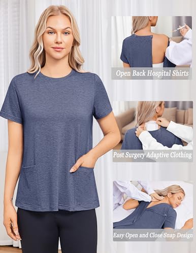 Deyeek Post Surgery Hospital Shirt for Women Large Blue Purple Tear Away Snap Open Back