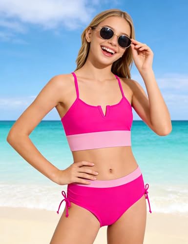 Girls Color Block Cutout Bikini Set - High Waisted Swimwear, Rose Pink, Size 11-12 Years