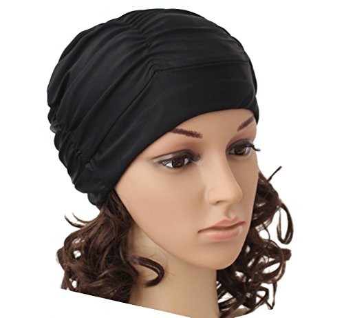 Colorful Pleated Nylon Swim Cap for Long Hair - Black