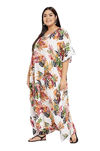 White Tropical Leaf Plus Size Caftan Maxi Dress for Women, Beach Cover Up Kimono