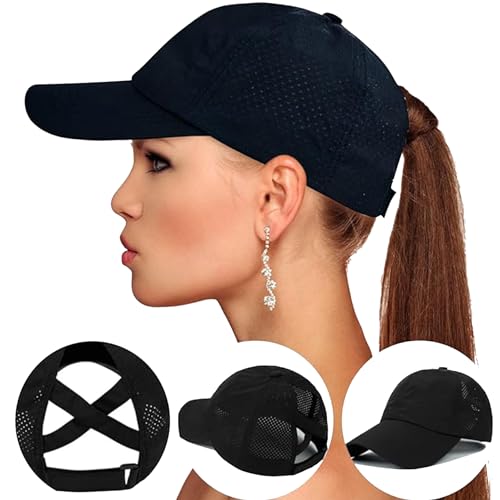 Adjustable Quick Drying Cross Ponytail Baseball Cap - Black