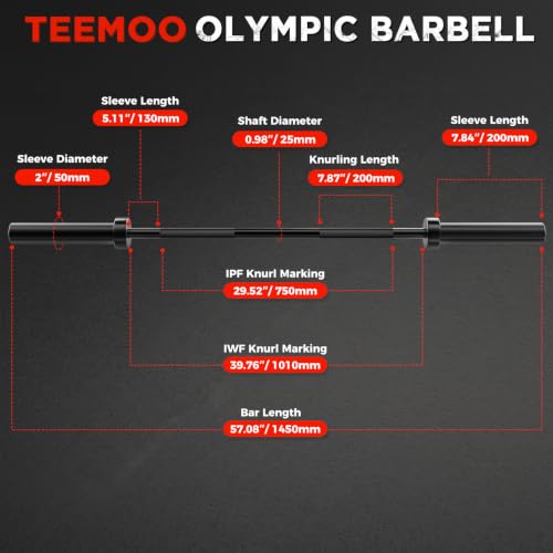 TEEMOO 57-Inch Home Gym Barbell Bar with Spring Collars, 500lb Capacity, Black