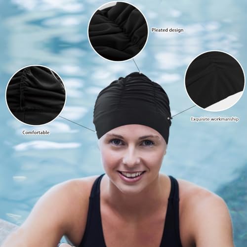 Colorful Pleated Nylon Swim Cap for Long Hair - Black